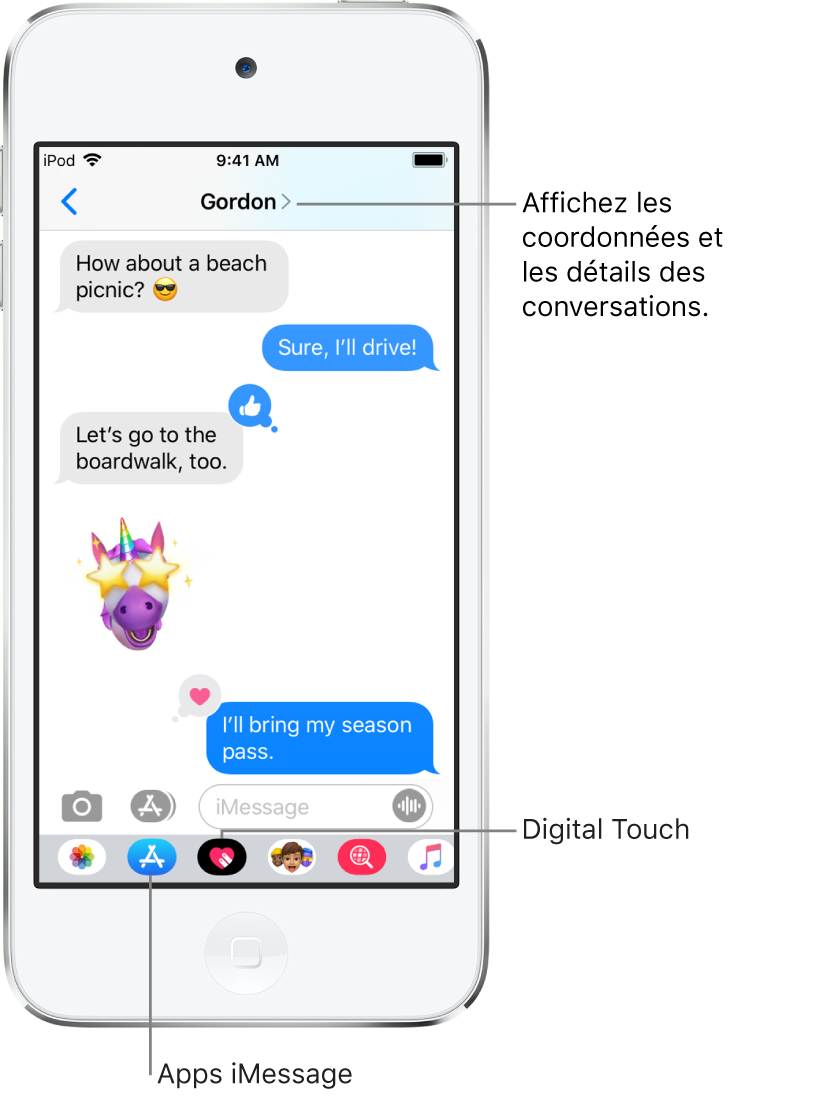 Exemple de conversation dans Messages. En haut de l’écran, de gauche à droite, sont affichés le bouton Retour et le nom de la personne à laquelle vous écrivez. Au centre, se trouvent les messages envoyés et reçus au cours de la conversation. En bas de l’écran, de gauche à droite, sont affichés les boutons Photos, Stores, #images, Musique, Digital Touch et de l’app iMessage.