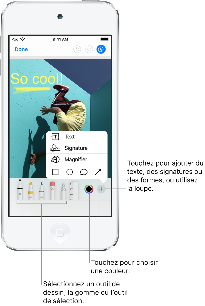 Une image dans une fenêtre d’annotation. Sous l’image, de gauche à droite, se trouvent les boutons permettant d’utiliser les outils d’annotation : des stylos pour dessiner, une gomme, un outil de sélection, des couleurs et des boutons permettant d’ajouter une zone de texte, votre signature et des formes, puis un autre pour sélectionner la loupe.