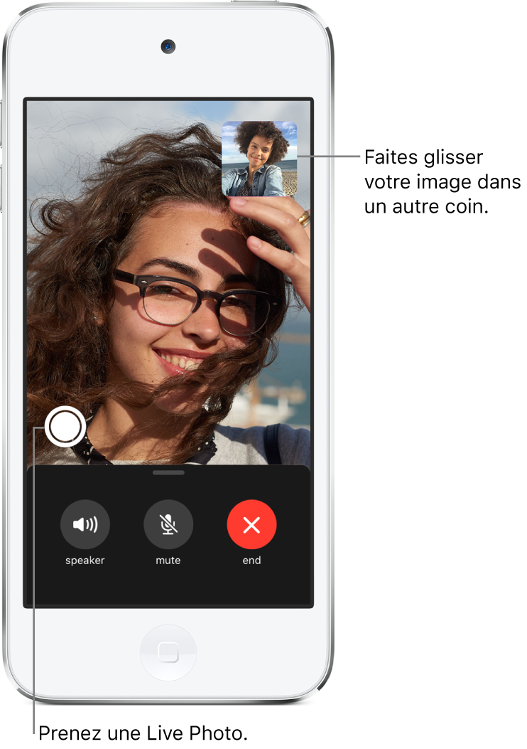 L’écran FaceTime montrant un appel en cours. Votre photo apparaît dans un petit rectangle dans le coin supérieur droit, et celle de l’autre personne occupe le reste de l’écran. En bas de l’écran se trouvent les boutons Haut-parleur, Couper le son et Fin.