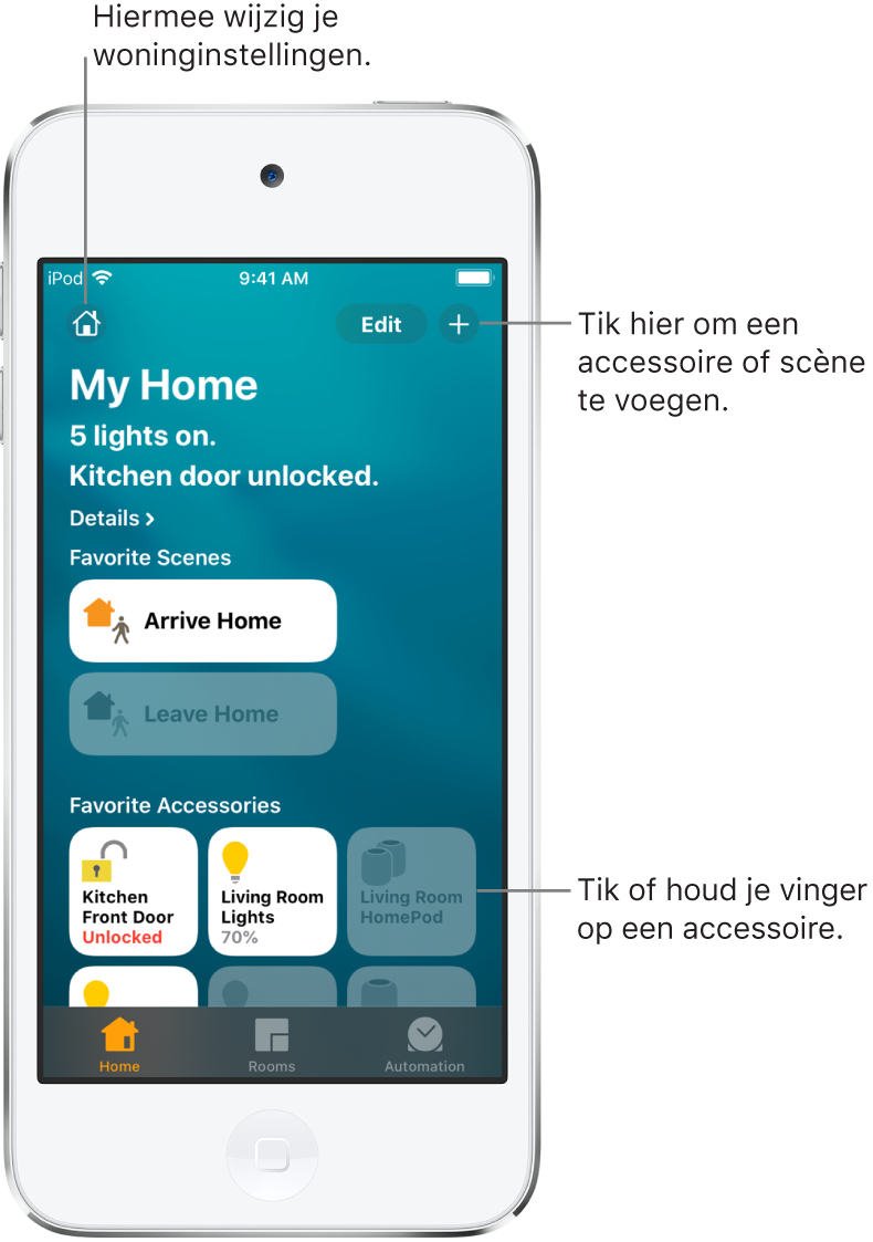 Het tabblad 'Woning' met scènes en accessoires die als favoriet zijn gemarkeerd. Ook wordt er een overzicht van de status van de woning weergegeven. Onderin staan de tabbladen 'Kamers' en 'Automatisering'.
