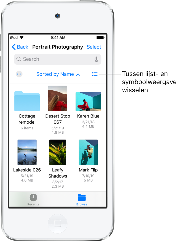 Een iCloud Drive-locatie voor fotografiebestanden. De onderdelen zijn op naam gesorteerd en bestaan uit een map met bouwplannen en zes documenten: 'Desert Stop', 'Karen Blue', 'Lakeside', 'Leafy Shadows', 'Mark Flip' en 'Susan Green'. Rechtsboven zie je een knop om te wisselen tussen de lijst- en symboolweergave.