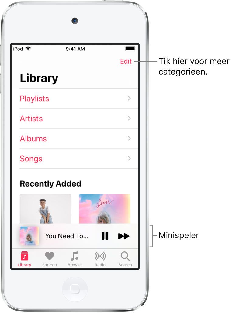 Het Bibliotheek-scherm met een lijst categorieën, waaronder 'Afspeellijsten', 'Artiesten', 'Albums' en 'Nummers'. De kop 'Pas toegevoegd' wordt onder de lijst weergegeven. In de minispeler zie je de titel van het huidige nummer, met de knoppen 'Pauze' en 'Volgende' onderin.