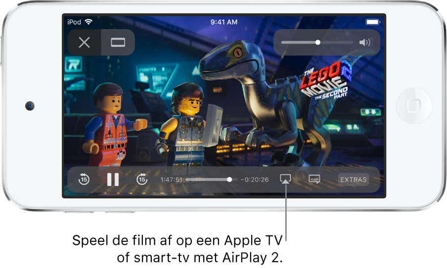 Een film die wordt afgespeeld op het iPod touch-scherm. Onder in het scherm zie je de afspeelregelaars, met rechtsonderin de knop voor synchrone weergave.
