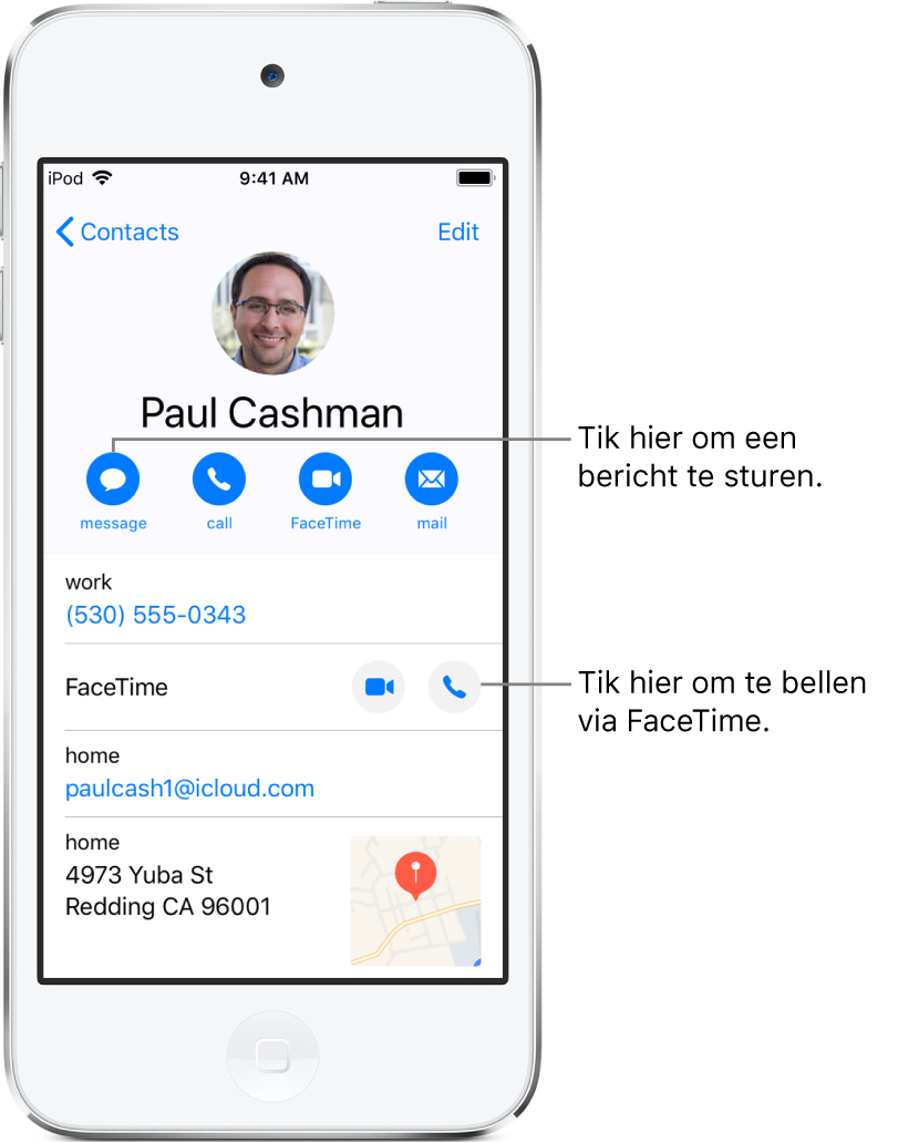 Het informatiescherm voor een contactpersoon. Bovenin staan de naam en foto van de contactpersoon. Daaronder staan knoppen voor het versturen van een bericht, bellen met de telefoon, bellen met FaceTime en het versturen van een e-mail. Onder de knoppen vind je de contactgegevens.