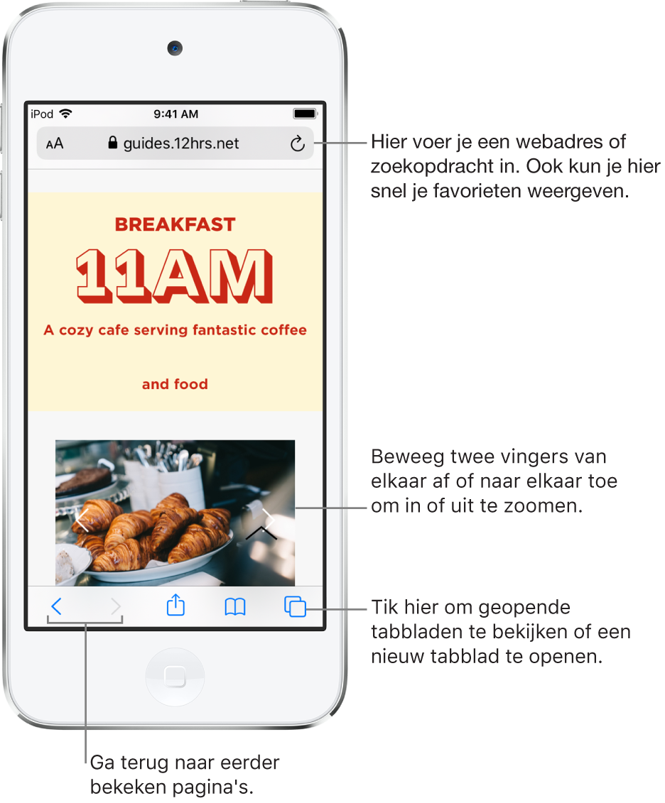Een geopende website in Safari, met bovenin het adresveld. Onderin bevinden zich van links naar rechts de knoppen voor de vorige pagina, de volgende pagina, de deelknop, bladwijzerknop en paginaknop.