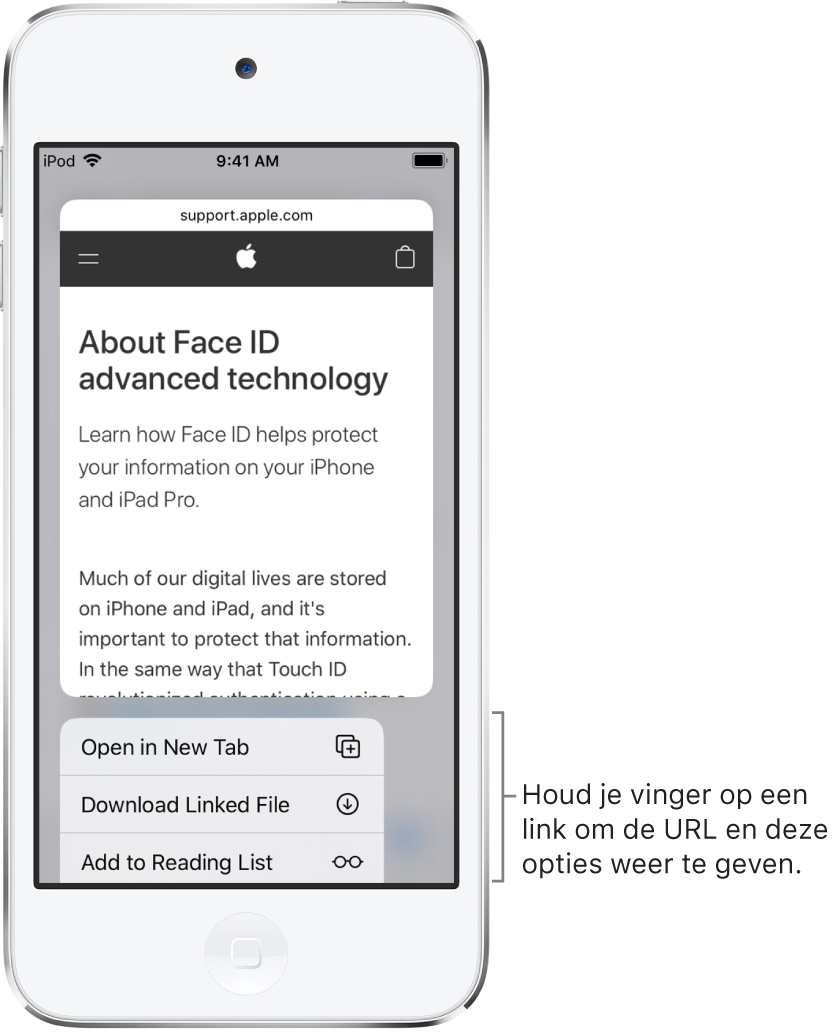 Een overlay met een voorvertoning van de URL van de bestemming, gevolgd door een lijst met mogelijke taken: 'Open', 'Voeg toe aan leeslijst', 'Voeg toe aan Foto's', 'Kopieer' en 'Deel'.
