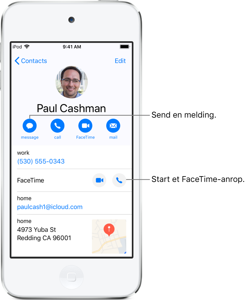 Infoskjermen for en kontakt. Kontaktens bilde og navn er øverst. Under finnes knapper for å sende en melding, starte et telefonanrop, starte et FaceTime-anrop og sende en e-postmelding. Under knappene er kontaktinformasjonen.