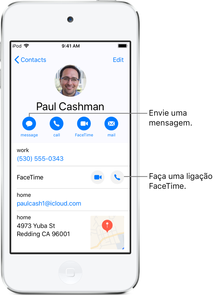 A tela de informações de um contato. Na parte superior encontra-se o nome e a foto do contato. Abaixo encontram-se os botões para enviar uma mensagem, fazer uma ligação telefônica, fazer uma ligação FaceTime e enviar uma mensagem de e-mail. Abaixo dos botões encontram-se as informações de contato.