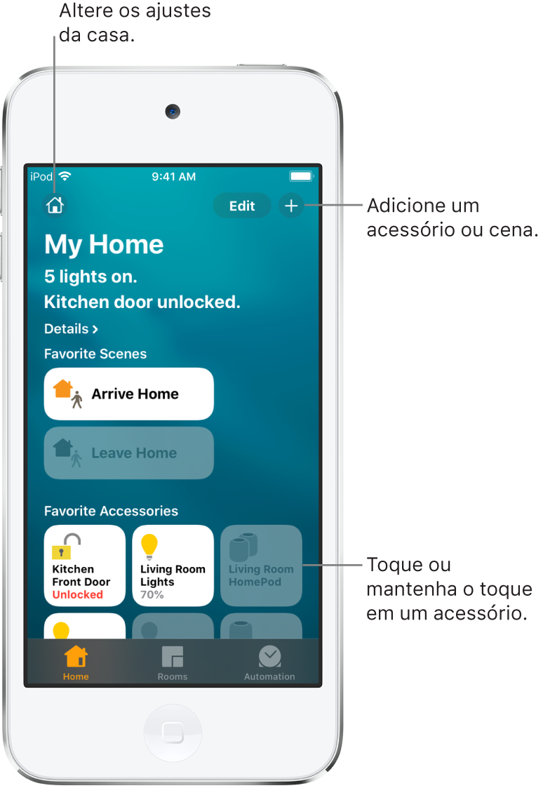 A aba Casa, mostrando cenas e acessórios que foram marcados como favoritos. Um resumo do status da casa também é mostrado. As outras abas na parte inferior são Cômodos e Automação.