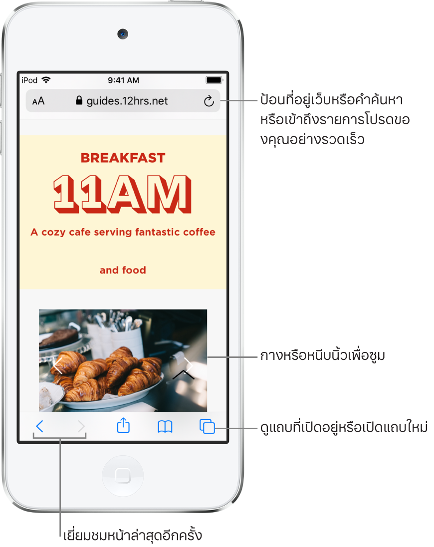 เว็บไซต์ที่เปิดในหน้าต่าง Safari โดยมีช่องที่อยู่เว็บไซต์ด้านบนสุด ที่ด้านล่างสุด เรียงจากซ้ายไปขวา คือปุ่มย้อนกลับ ปุ่มไปข้างหน้า ปุ่มแชร์ ปุ่มที่คั่นหน้า และปุ่มหน้า