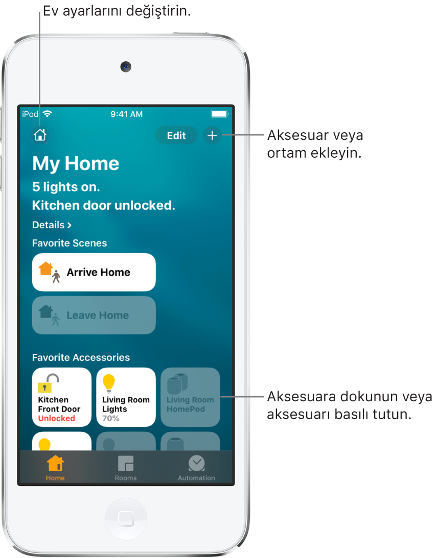 Ev sekmesi, favori olarak işaretlenmiş manzara ve aksesuarları gösterir. Ev durumunun bir özeti de gösterilir. Alt kısımdaki diğer sekmeler Odalar ve Otomasyon’dur.