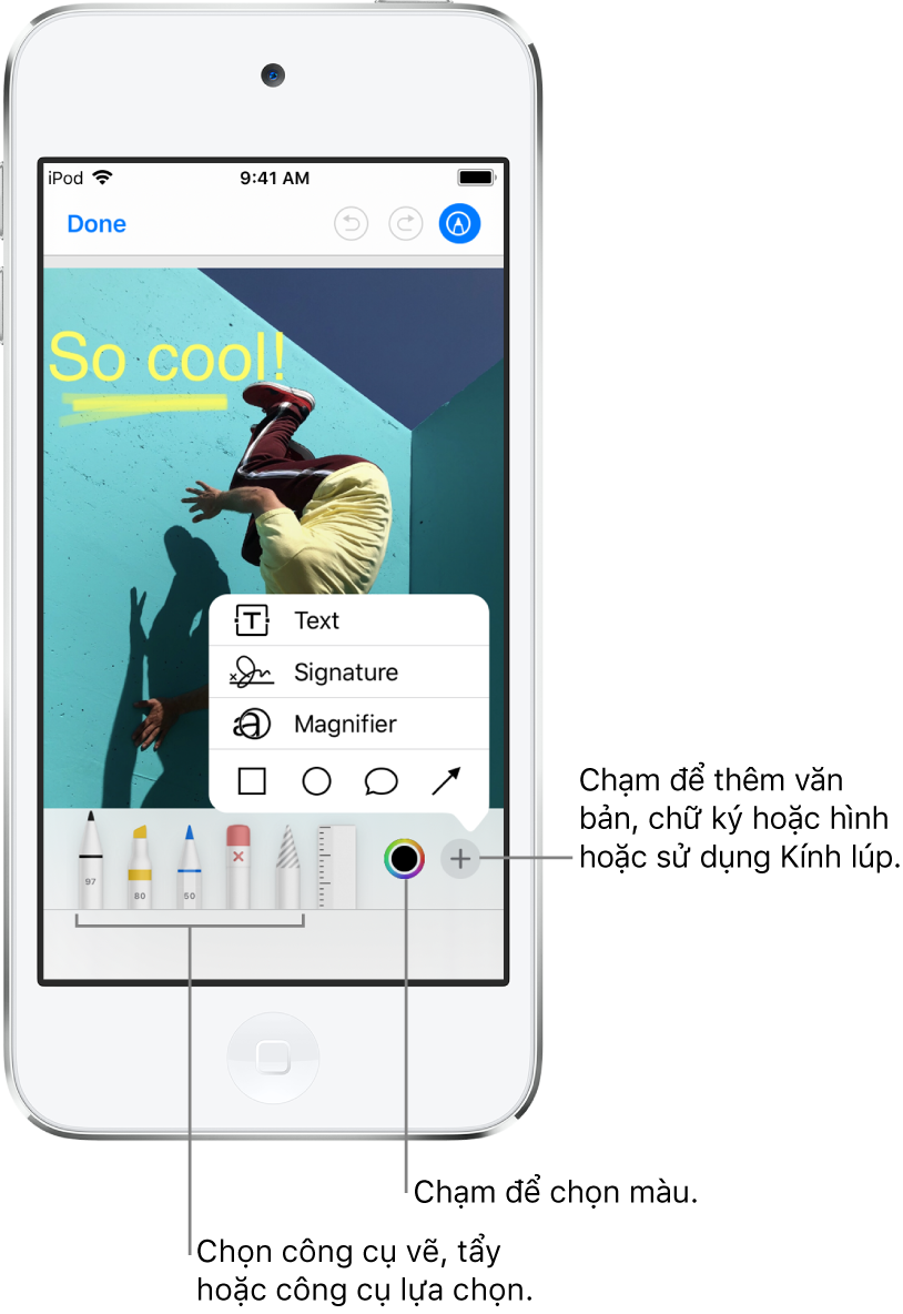 Một hình ảnh trong cửa sổ Đánh dấu. Bên dưới hình ảnh, từ trái sang phải, là các nút cho công cụ Đánh dấu: bút vẽ, tẩy, công cụ chọn, màu và các nút thêm hộp văn bản, chữ ký của bạn và hình dạng cũng như để chọn Kính lúp.