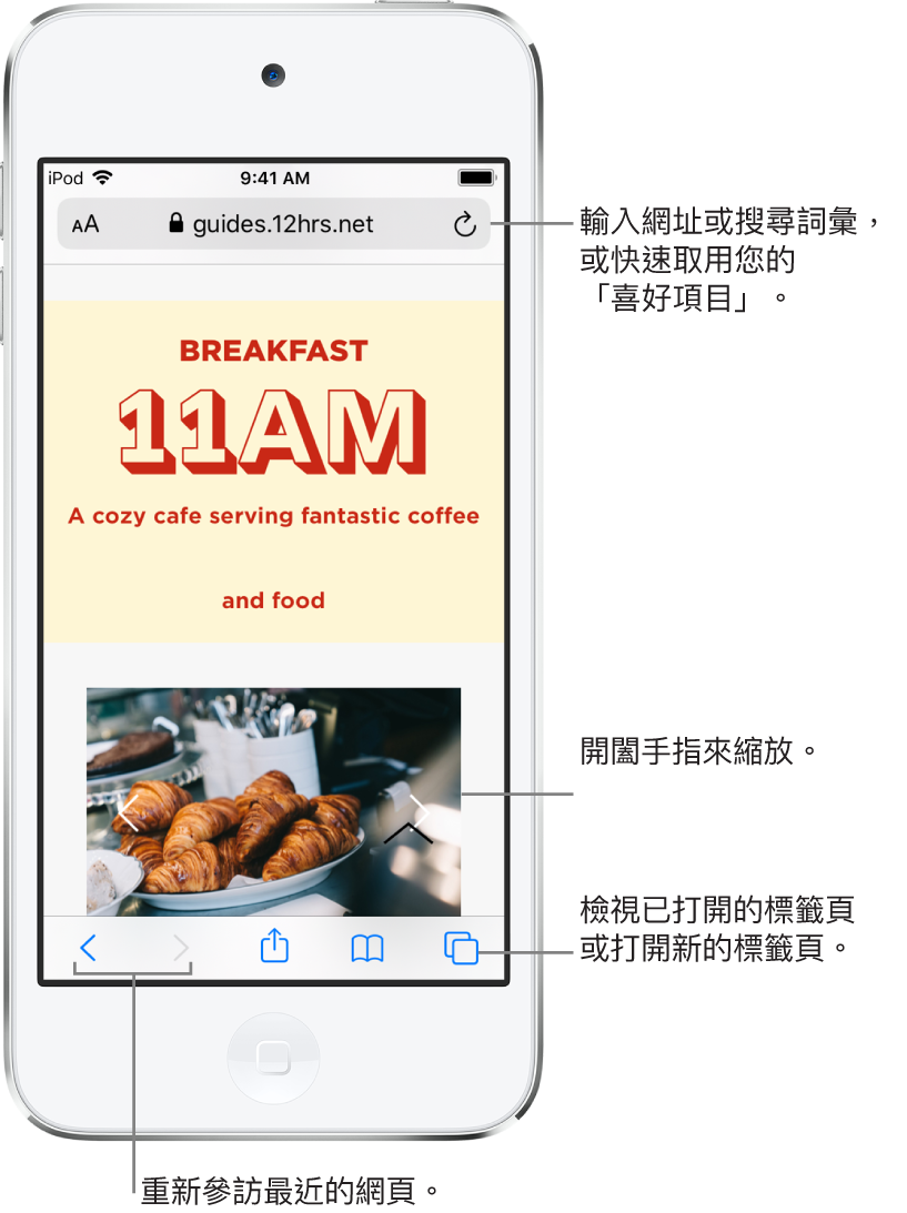 Safari 視窗中打開網站,網址欄位在最上方。底部由左至右依序為「往後」、「往前」、「分享」、「書籤」和「頁面」按鈕。