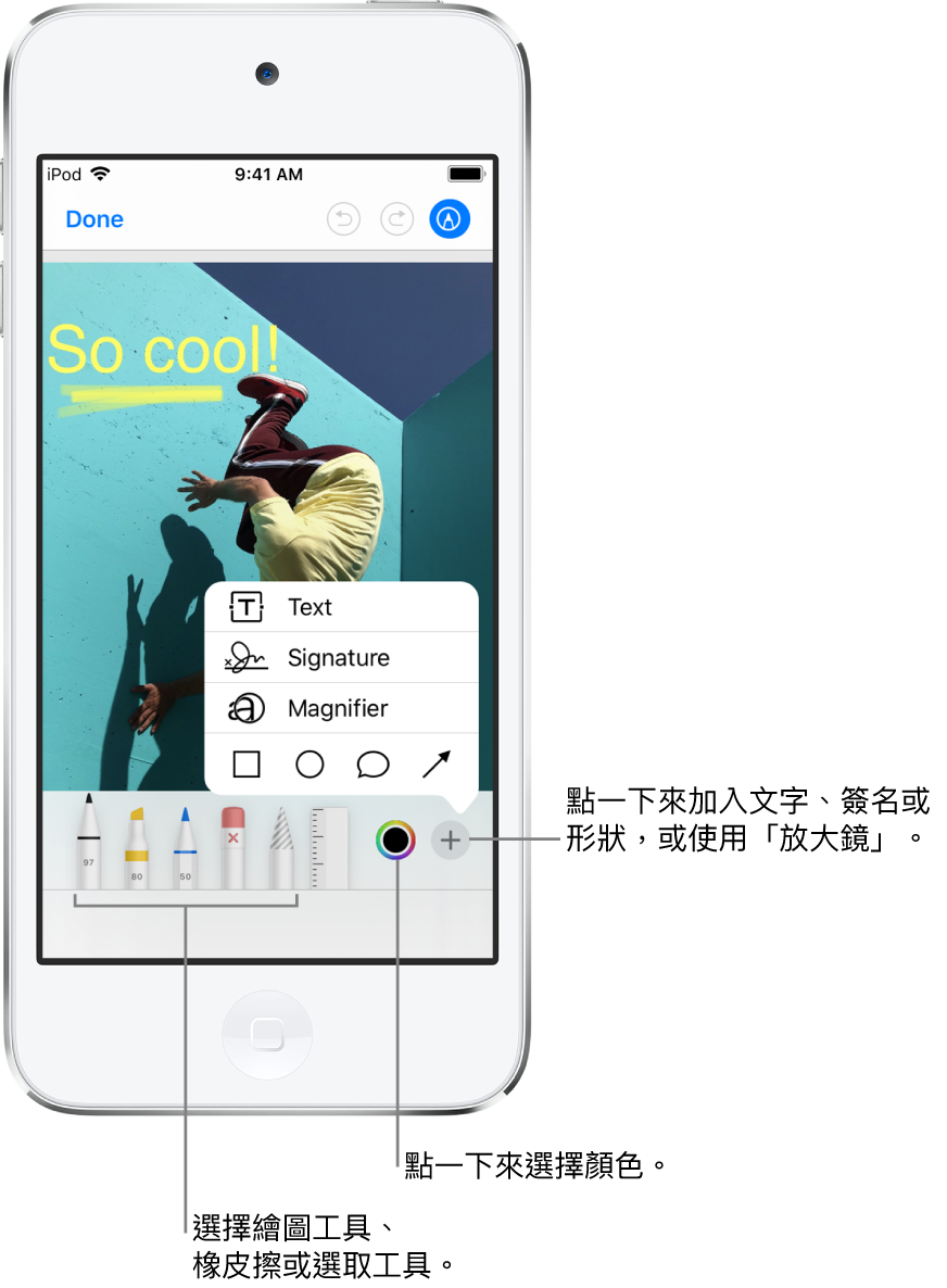 「標示」視窗中的影像。影像下方,由左至右依序為「標示」工具的按鈕:繪圖筆、橡皮擦、選取工具、顏色,以及加入文字框、簽名和形狀與選擇「放大鏡」的按鈕。