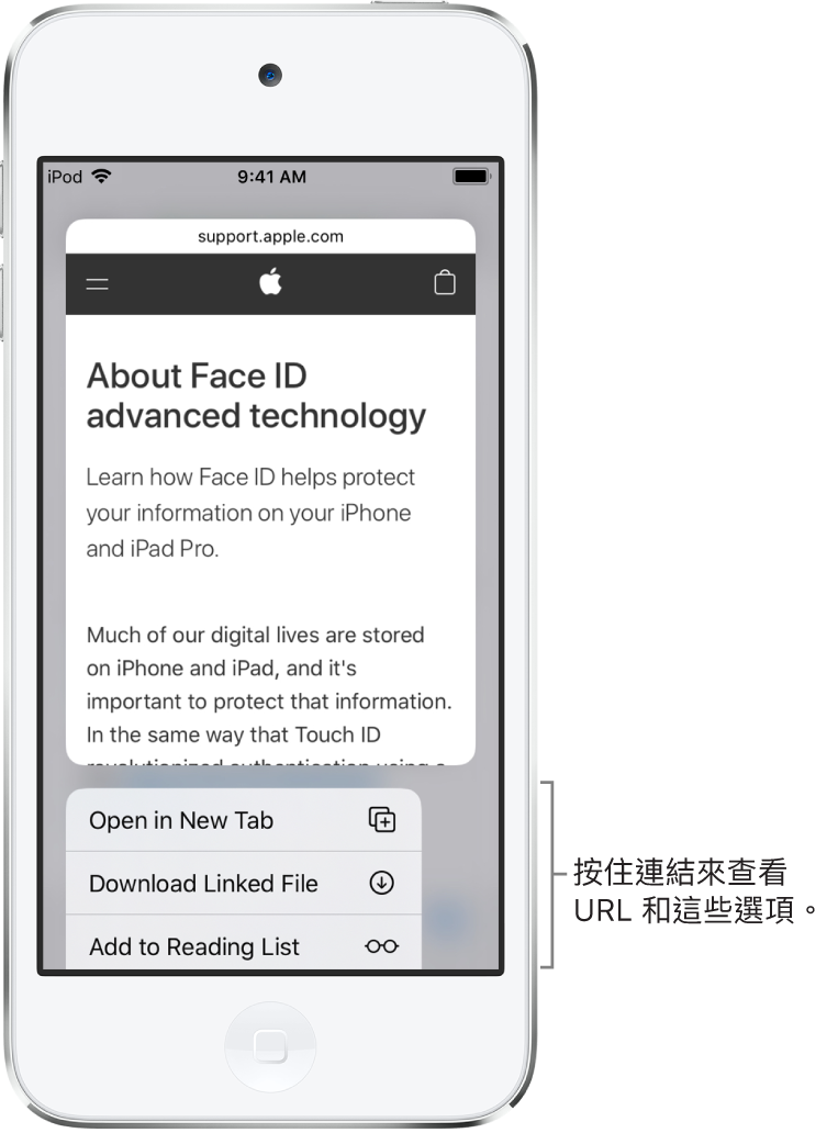 覆疊效果顯示目標 URL 的預覽,接著可能的動作列表:「開啟」、「加入閱讀列表」、「加入照片」、「拷貝」和「分享」。