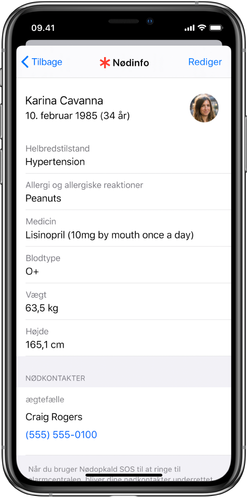 Skærmen Nødinfo med oplysninger som fødselsdato, helbredstilstand, medicin og nødkontakt.