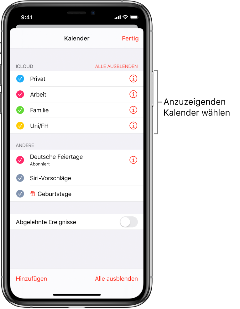 In der Kalenderliste werden die Kalender, die aktiv sind, mit einem Häkchen markiert. Die Taste „Fertig“ zum Schließen der Liste befindet sich in der rechten oberen Ecke.