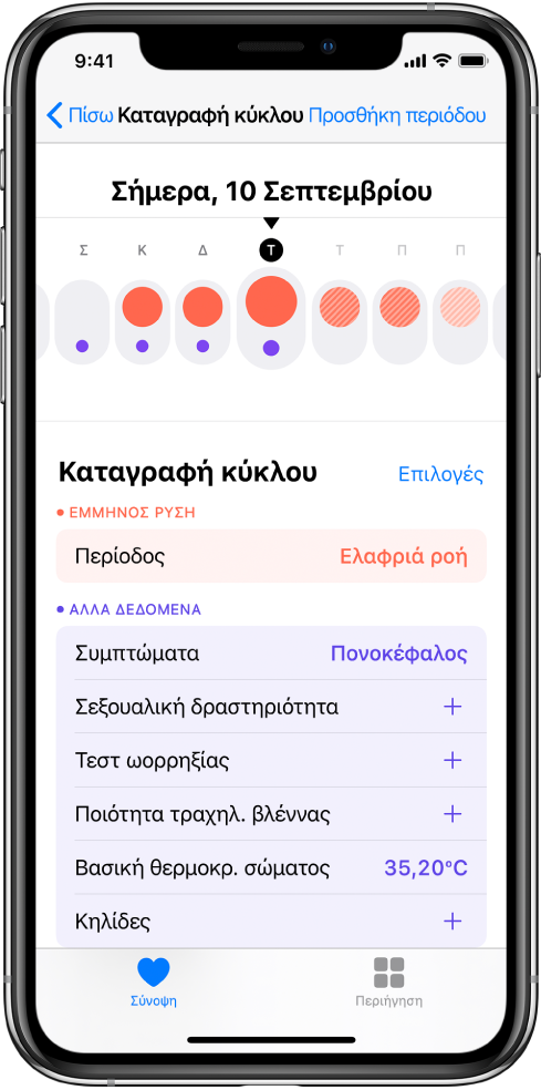 Η οθόνη Παρακολούθησης κύκλου όπου εμφανίζεται η γραμμή χρόνου για μια εβδομάδα στο πάνω μέρος της οθόνης. Ενιαίοι κόκκινοι κύκλοι επισημαίνουν τις πρώτες τρεις μέρες, ενώ οι δύο τελευταίες μέρες είναι επισημασμένες με ανοιχτό μπλε χρώμα. Κάτω από τη γραμμή χρόνου υπάρχουν επιλογές για προσθήκη επιπλέον πληροφοριών για περιόδους, συμπτώματα, και πολλά άλλα.