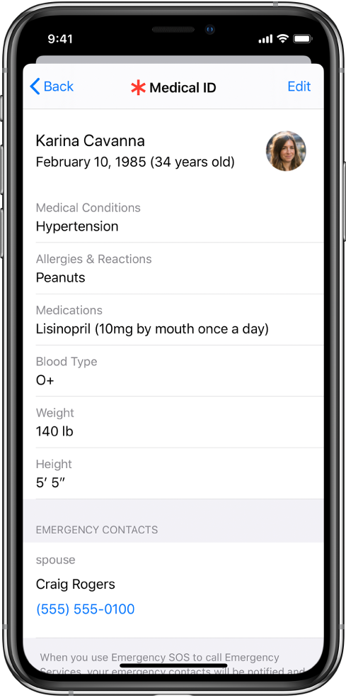 A medical ID screen containing information such as birth date, medical conditions, medications, and an emergency contact.