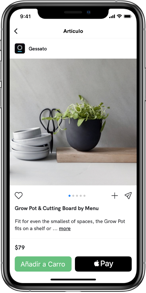 Una app con una pantalla de pago en la que se muestra el botón “Comprar con Apple Pay”.