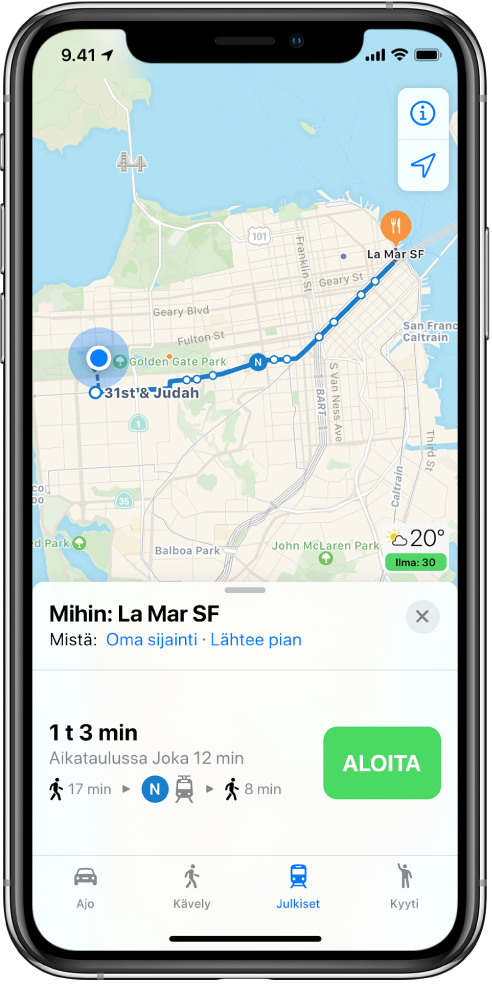 Kartta, jossa näkyy julkisen liikenteen reitti San Franciscossa. Näytön alaosassa olevassa reittikortissa on Aloita-painike.