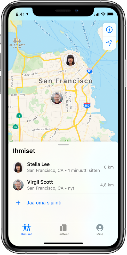Ihmiset-luettelossa on kaksi ystävää: Stella Lee ja Virgil Scott. Heidän sijaintinsa näkyvät San Franciscon kartalla.