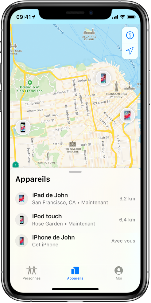 Il y a trois appareils dans la liste Appareils : iPad de John, iPod touch de John et iPhone de John. Leur position est affichée sur un plan de San Francisco.