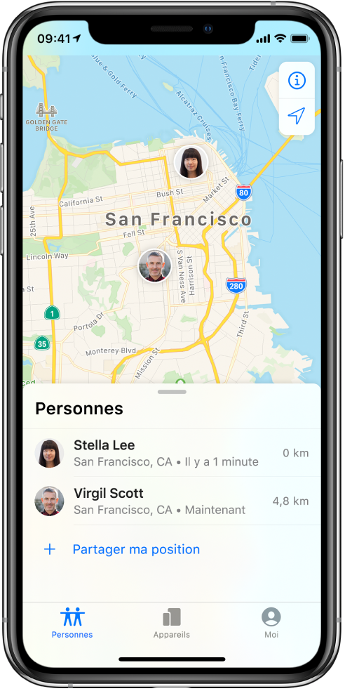 Il y a deux amis dans la liste Personnes : Stella Lee et Virgil Scott. Leur position est affichée sur un plan de San Francisco.
