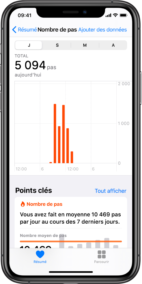 L’écran Résumé dans l’app Santé présentant les points clés pour le nombre de pas effectués dans la journée. Le point clé a pour message : « Vous avez fait plus de pas que d’habitude à la même heure ». Un tableau sous le point clé indique que déjà 4 028 pas ont été effectués aujourd’hui, contre 2 640 pas la veille, au même moment. Sous le graphique se trouvent des informations relatives aux minutes de pleine conscience effectuées. Le bouton Résumé se trouve en bas à gauche et le bouton Parcourir est en bas à droite.