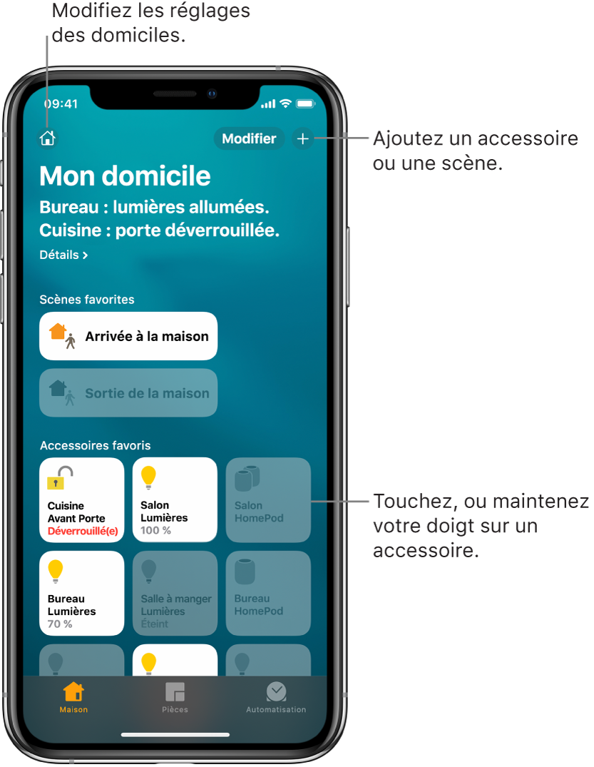 L’onglet Maison, présentant des scènes et des accessoires marqués comme favoris. Un résumé de l’état du domicile est également affiché. Les autres onglets situés en bas sont Pièces et Automatisation.