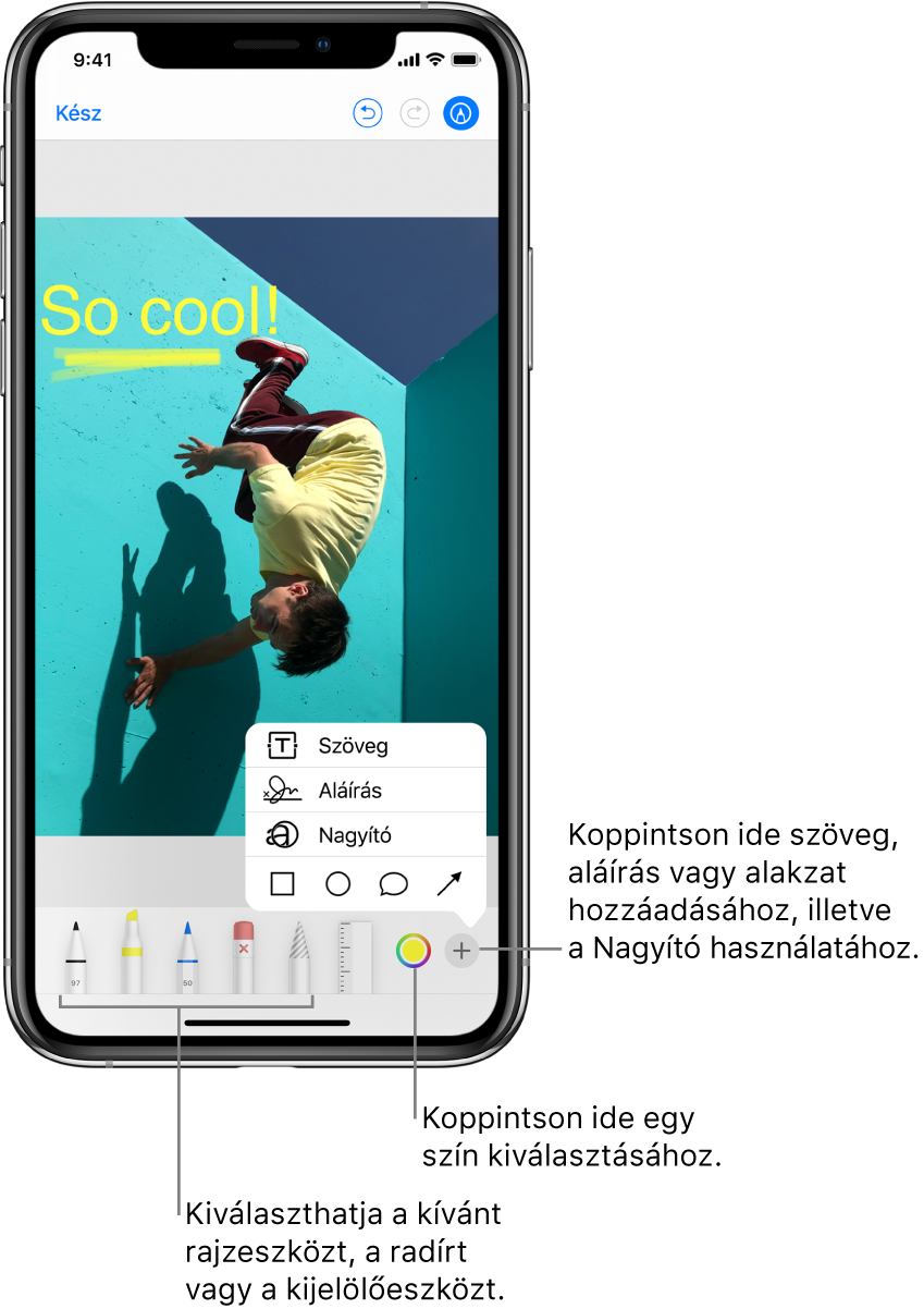 Egy kép a Korrektúra ablakban. A kép alatt balról jobbra a rajzolótollak, a radír, a kijelölőeszköz, a színek gombjai láthatók, ezenkívül a szövegdoboz, aláírás és alakzatok hozzáadására, illetve a Nagyító kiválasztására szolgáló gombok.