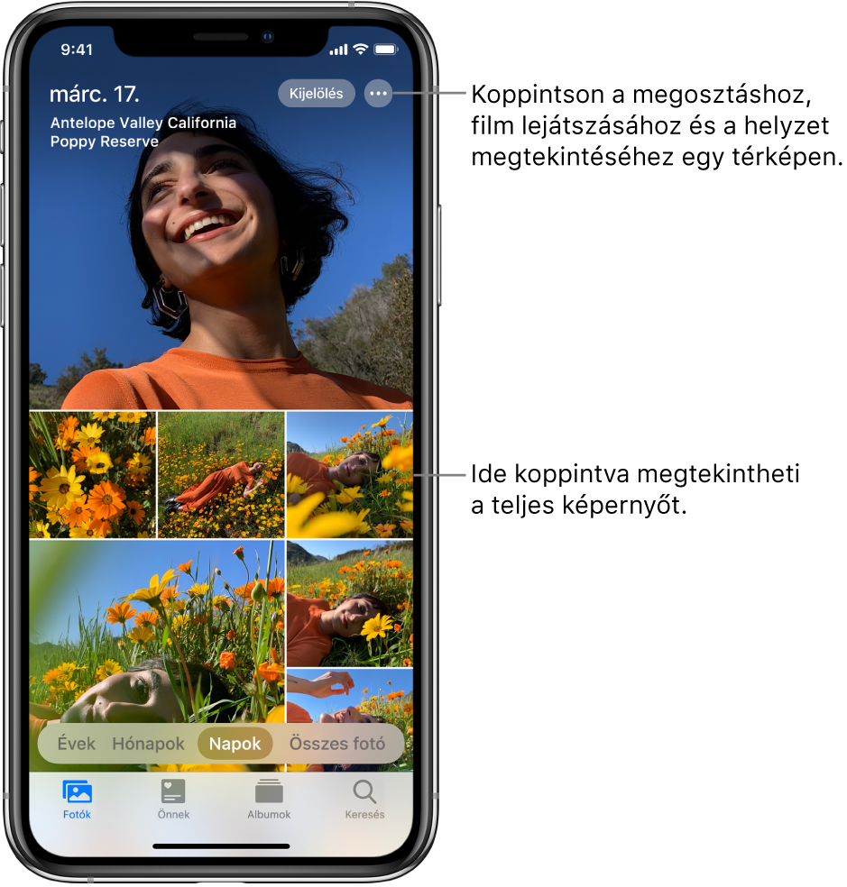 A fotókönyvtár napi nézetben. A képernyőn néhány fotó bélyegképei láthatók. A képernyő bal felső részén a fotók készítésének dátuma és helye jelenik meg. A jobb felső részen a Kijelölés és a További beállítások gomb látható, amelyekkel megoszthatja a fotókat, és megjelenítheti a részleteket. A bélyegképek alatt lévő opciók segítségével évek, hónapok vagy napok szerint tekintheti meg a fotókönyvtárat, illetve megjelenítheti az összes fotót. A képernyő alján a Fotók, az Önnek, az Albumok és a Keresés lap található.