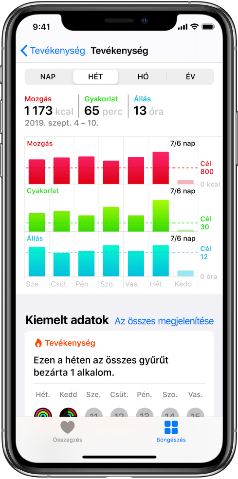 A részleteket megjelenítő képernyő a Tevékenység kategóriához.