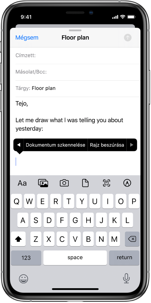 Egy e-mail vázlata, a képernyő közepén pedig a rajz beszúrásához használható gomb.