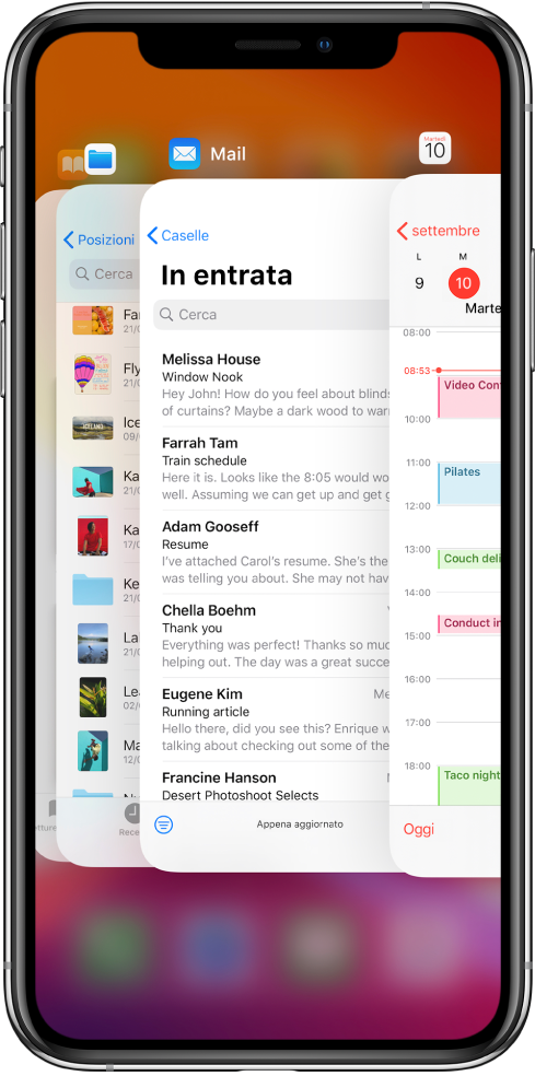 Lo switcher applicazioni. Le icone delle app aperte appaiono in alto e la schermata attuale di ciascuna app appare sotto la relativa icona.
