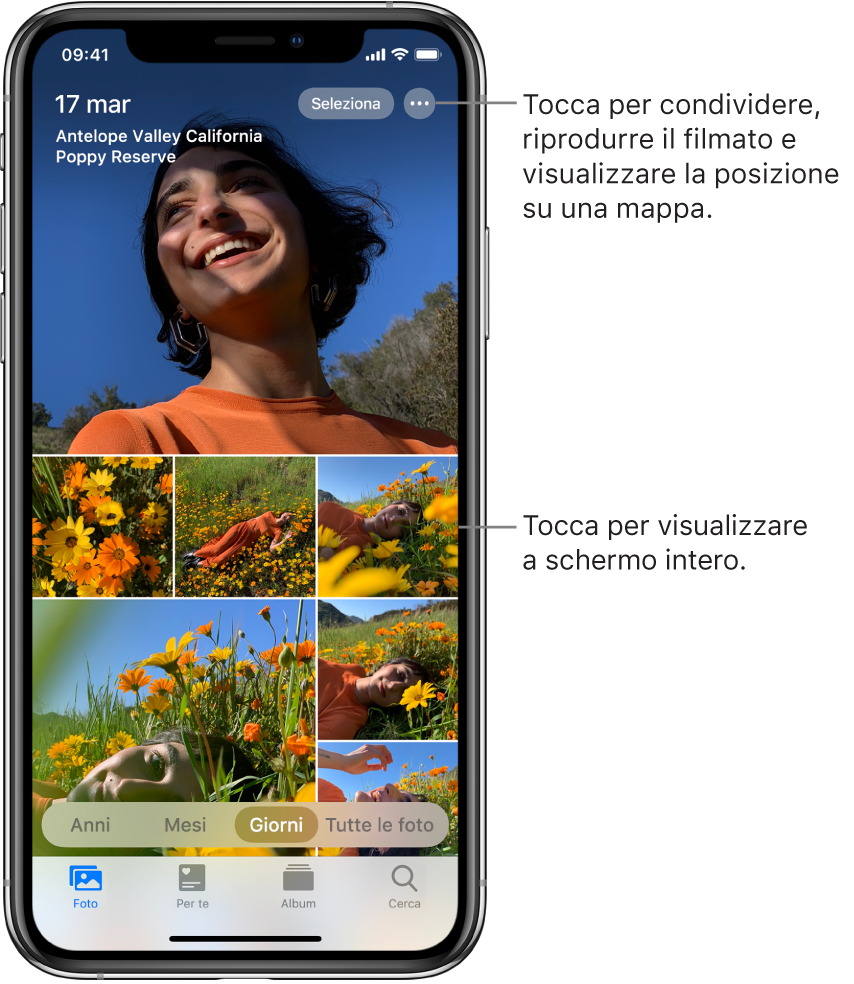 La libreria di foto mostrata nella vista Giorni. Una selezione di anteprime di foto riempiono lo schermo. In alto a sinistra sullo schermo vengono indicati la data e il luogo in cui sono state scattate le foto. In alto a destra si trovano i pulsanti Seleziona e “Altre opzioni” per condividere le foto e visualizzare i dettagli. Sotto le miniature ci sono le opzioni per visualizzare la libreria di foto per anni, mesi, giorni e “Tutte le foto”. In basso ci sono i pannelli Foto, Per te, Album e Cerca.