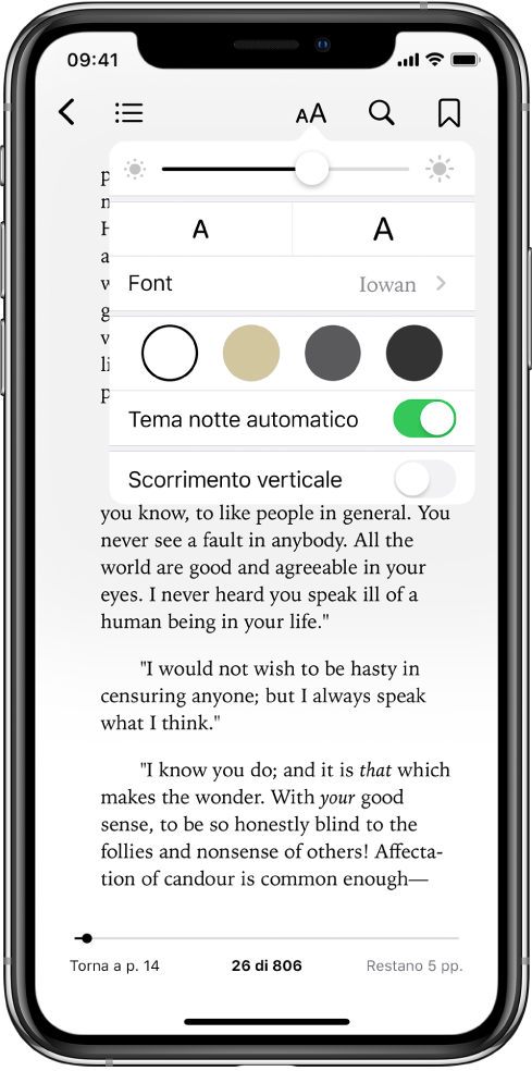 Il menu Aspetto che contiene, dall'alto verso il basso, i controlli per luminosità, per determinare la dimensione del font, il colore pagine, il tema notte automatico e quelli per la visualizzazione a scorrimento.