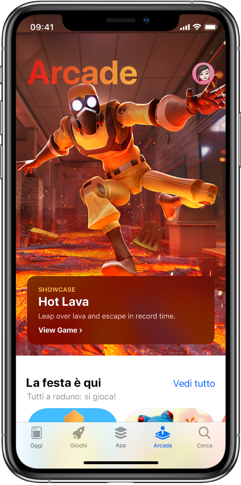 La schermata Arcade di App Store con un gioco in primo piano. La foto del tuo profilo, che puoi toccare per visualizzare gli acquisti e gestire gli abbonamenti, è in alto a destra. Nella parte inferiore, da sinistra a destra, si trovano i pannelli Oggi, Giochi, App, Arcade e Cerca.
