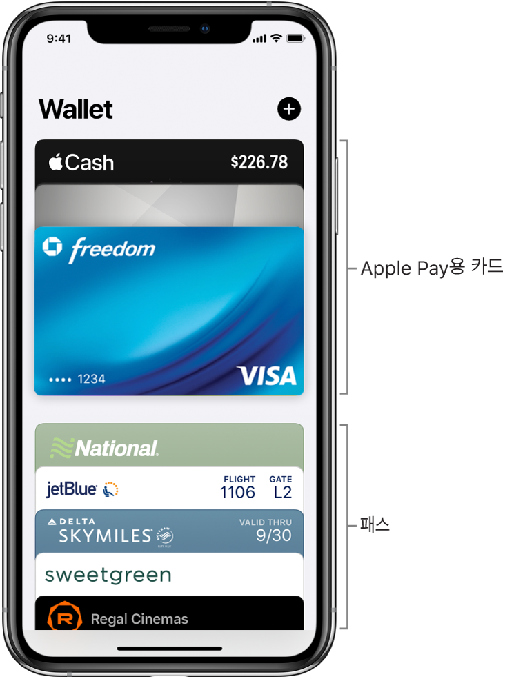 몇 개의 신용 카드 및 직불 카드와 패스를 표시하는 Wallet 화면.