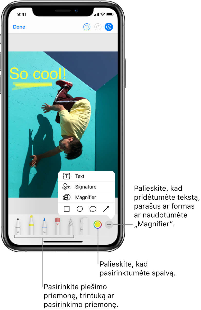 „Markup“ lange esantis vaizdas. Po vaizdu iš kairės į dešinę yra mygtukas „Markup“ įrankiams: rašikliai piešti, trintukas, žymėjimo įrankis, spalvos ir mygtukai teksto laukeliui pridėti, jūsų parašas ir formos bei mygtukas, skirtas pasirinkti „Magnifier“.