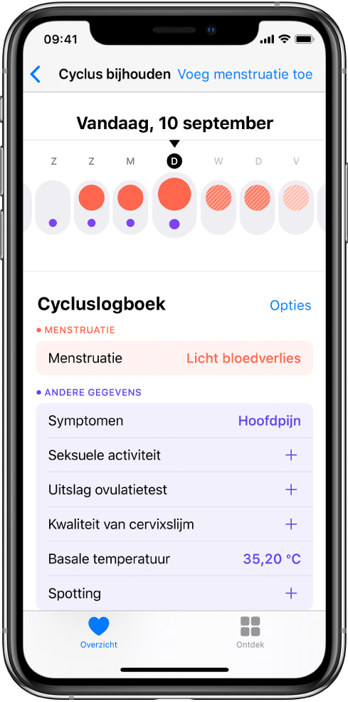 Het scherm 'Cyclus bijhouden' met de tijdbalk voor een week boven in het scherm. Effen rode cirkels markeren de eerste drie dagen en de laatste twee dagen zijn lichtblauw. Onder de tijdbalk zie je opties voor het toevoegen van gegevens over onder andere je menstruatie en symptomen.