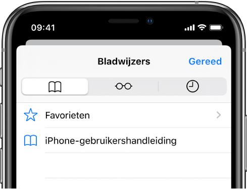 Het bladwijzerscherm met behalve de bladwijzers ook opties voor het weergeven van favorieten en het bekijken van de browsergeschiedenis.