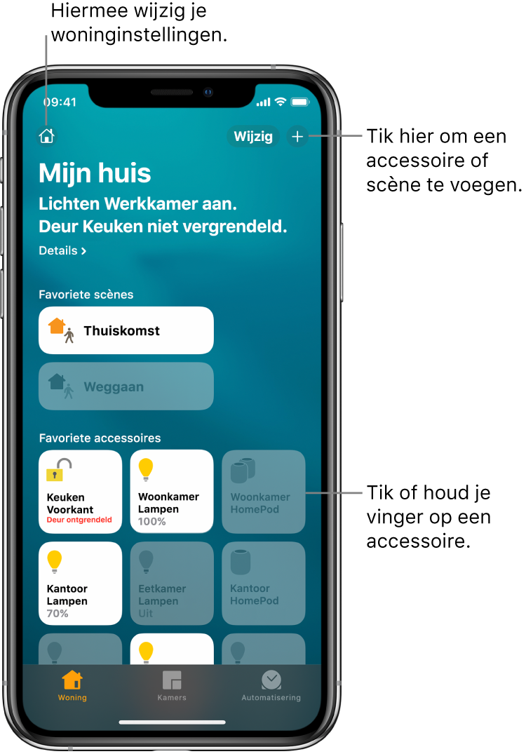 Het tabblad 'Woning' met scènes en accessoires die als favoriet zijn gemarkeerd. Ook wordt er een overzicht van de status van de woning weergegeven. Onderin staan de tabbladen 'Kamers' en 'Automatisering'.