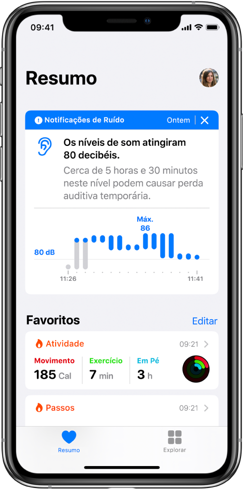 Tela Resumo mostrando uma notificação de ruído na parte superior, com resumos para dois favoritos abaixo: Atividade e Passos.