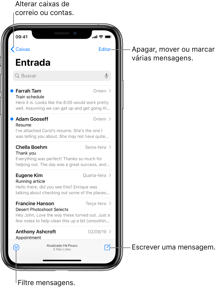 Caixa de Entrada mostrando uma lista de e‑mails. O botão Caixas de Correio para mudar para outra caixa de entrada encontra-se no canto superior esquerdo. O botão Editar para apagar, mover ou marcar e‑mails encontra-se no canto superior direito. O botão para filtrar e‑mails para que apenas certos tipos de e‑mails sejam mostrados encontra-se no canto inferior esquerdo. O botão para redigir um novo e‑mail se encontra no canto inferior direito.