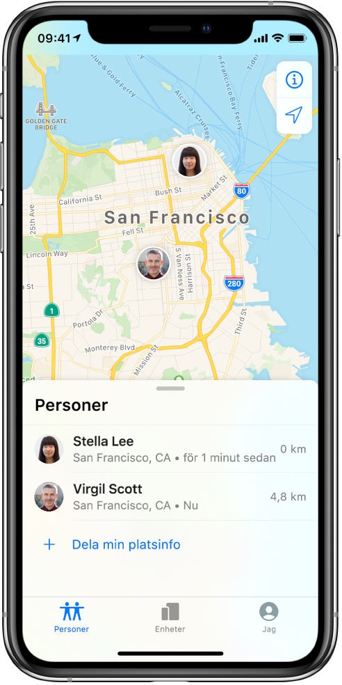 Det finns två vänner i listan Personer: Stella Lee och Virgil Scott. Deras platser visas på en karta över San Francisco.