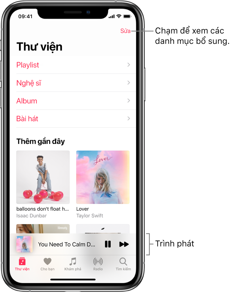 Màn hình Thư viện đang hiển thị danh sách các danh mục bao gồm Playlist, Nghệ sĩ, Album và Bài hát. Đề mục Thêm gần đây xuất hiện bên dưới danh sách. Trình phát đang hiển thị tiêu đề của bài hát hiện tại và các nút Tạm dừng và Tiếp xuất hiện gần dưới cùng.