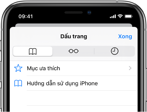 Màn hình Dấu trang, với các tùy chọn để xem các mục ưa thích và lịch sử duyệt cùng với các dấu trang.