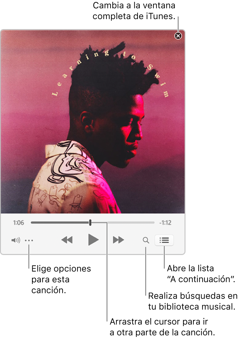 Minirreproductor expandido con los controles de la canción que se está reproduciendo. En la esquina superior derecha se encuentra el botón de cerrar, que sirve para pasar a la ventana completa de iTunes. En la parte inferior de la ventana hay un regulador, que puedes arrastrar para ir a una sección diferente de la canción. Debajo del regulador, a la izquierda, se encuentra el botón Más, que te permite seleccionar opciones de vista, entre otras, para la canción que se está reproduciendo. En el extremo derecho, debajo del regulador, hay dos botones: la lupa, que permite realizar búsquedas en la biblioteca musical, y la lista “A continuación”, en la que se muestra qué se va a reproducir a continuación.