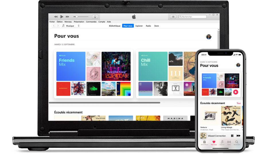 Un PC et un iPhone affichant la section Pour vous d’Apple Music.